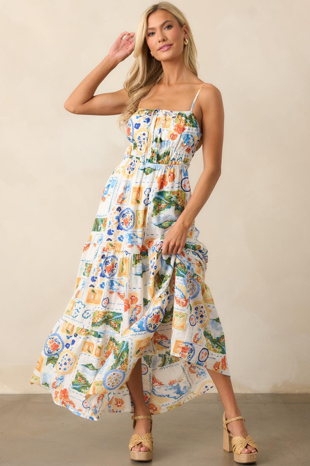 Salt Breeze Blue Multi Watercolor Print Maxi Dress Product Image