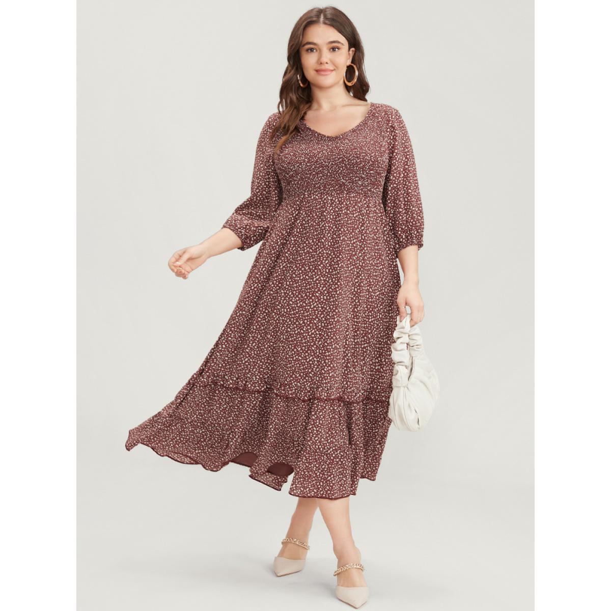 Plus Size Ditsy Floral V Neck Shirred Pocket Ruffle Hem Dress Russet Women Elegant Elastic Waist V-neck Elbow-length sleeve Curvy Midi Dress BloomChic 10/M Product Image