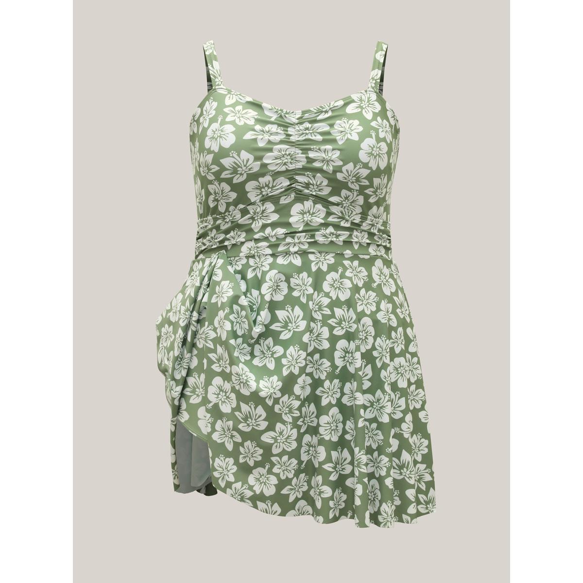 Plus Size Serene Floral Pattern Pleated Swim Dress Women's Swimwear Greenbean Beach Bodycon Heart neckline High stretch Curve Swim Dresses BloomChic 22-24/3X Product Image