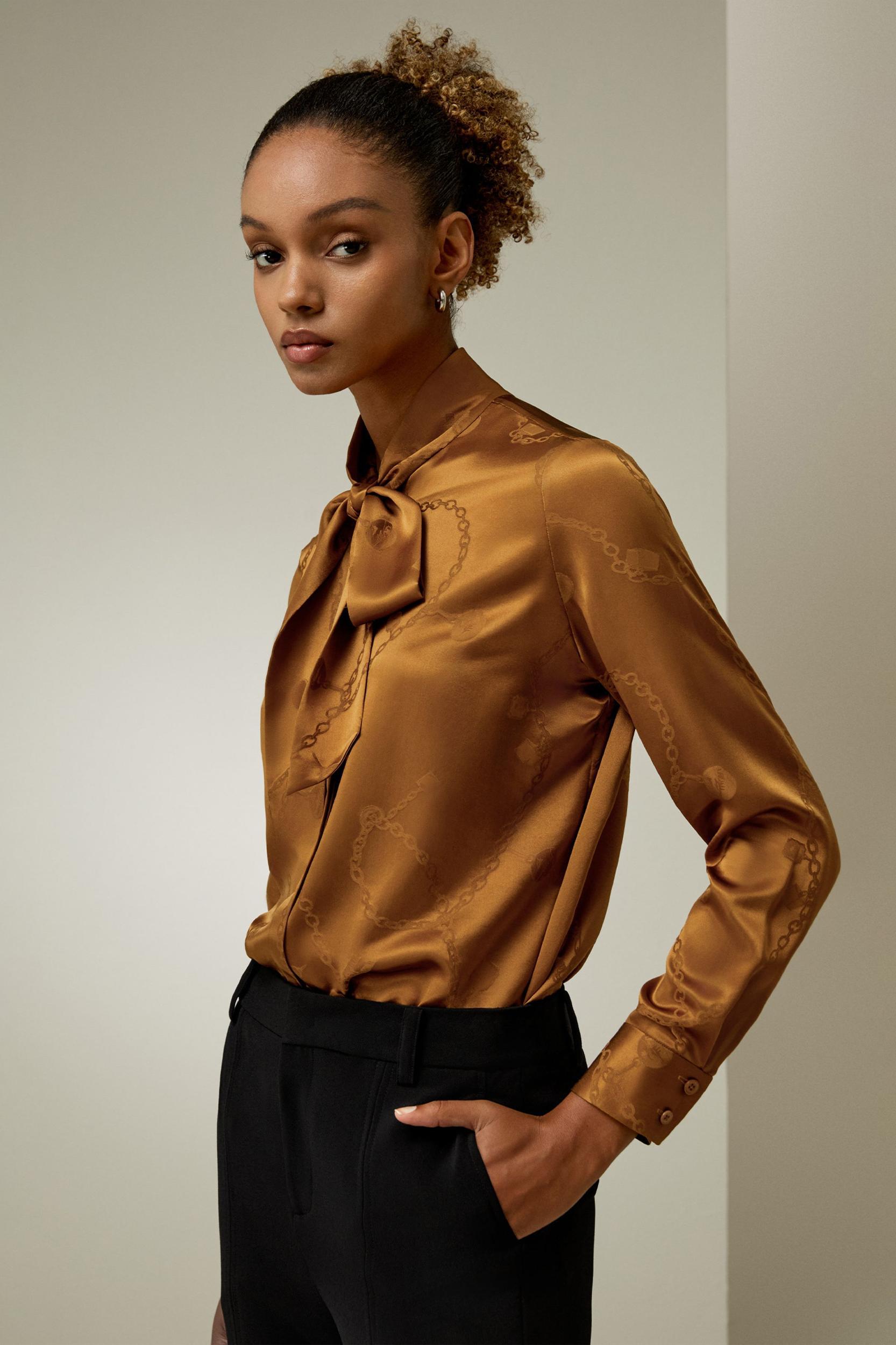 Jacquard-wave Silk Blouse with Bow Product Image