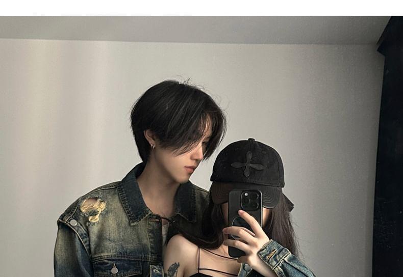 Couple Matching Washed Distressed Denim Single-Breasted Jacket Product Image