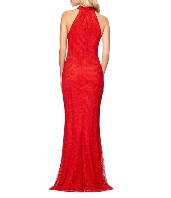 Betsy & Adam Mesh Rhinestone Halter Neck Sleeveless Sheath Gown Product Image