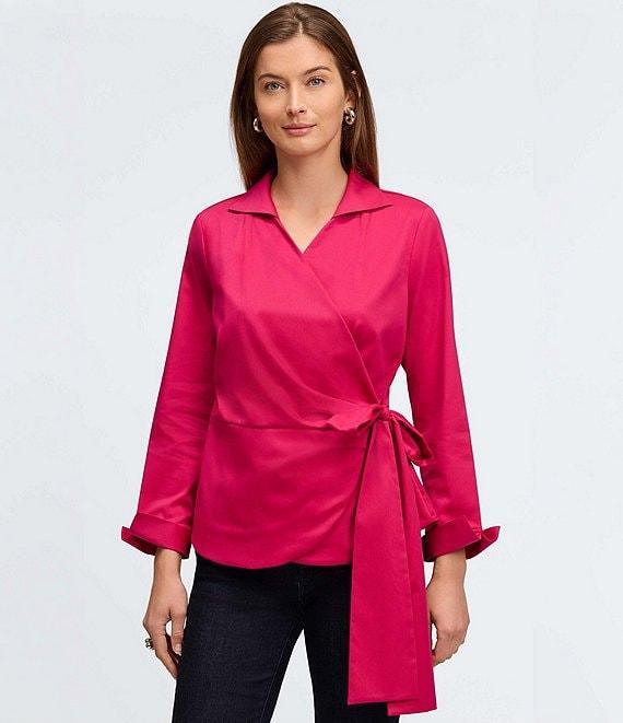 Foxcroft Salina Stretch Solid Collared Long Sleeve Wrap Top Product Image