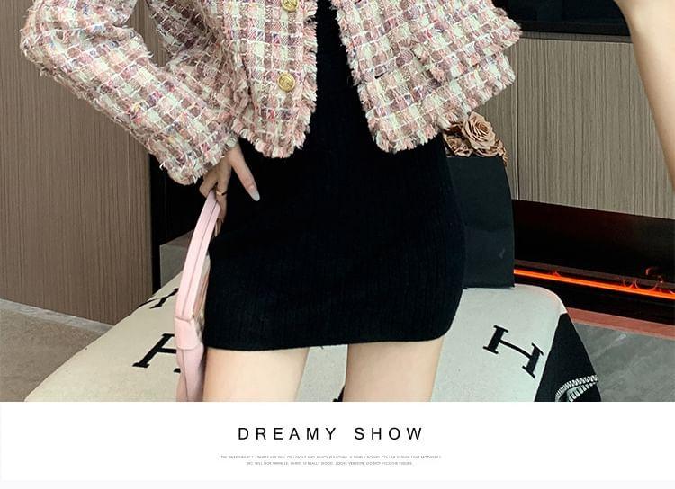 Crew Neck Frayed Button-Up Tweed Crop Jacket Product Image