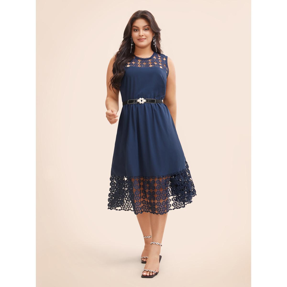 Plus Size Lace Panel Elastic Waist Sleeveless Dress DarkBlue Women Formal Woven ribbon&lace trim Party Curvy Bloomchic 30/6X Product Image