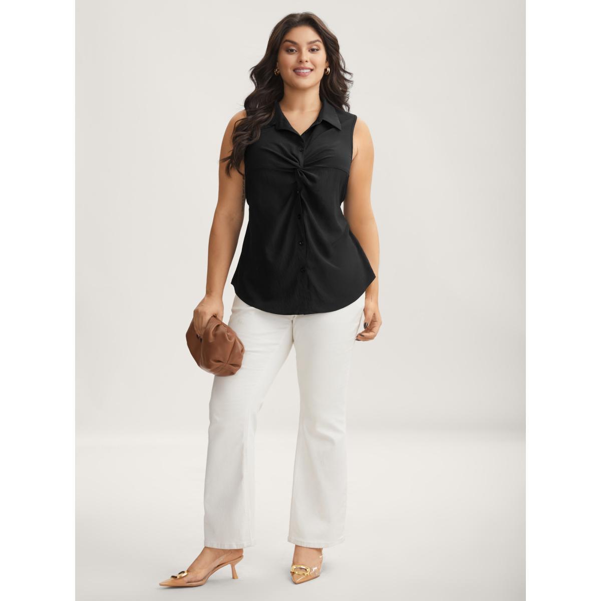 Plus Size Twist Front Button Placket Tank Top Women Black Twist Shirt collar Work Tank Tops Camis BloomChic 18-20/2X Product Image
