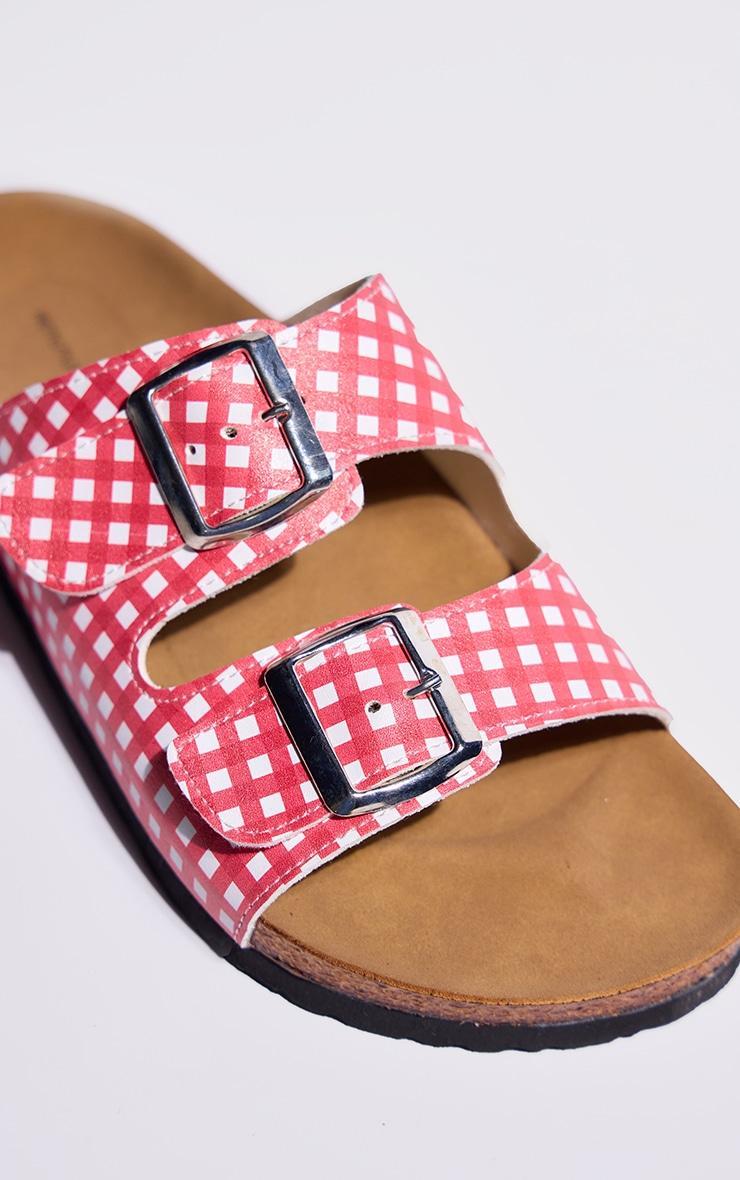 Red Gingham PU Buckle Strap Flat Sandals Product Image