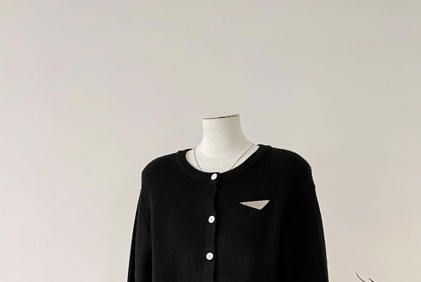 Round Neck Plain Ribbed Cardigan Product Image