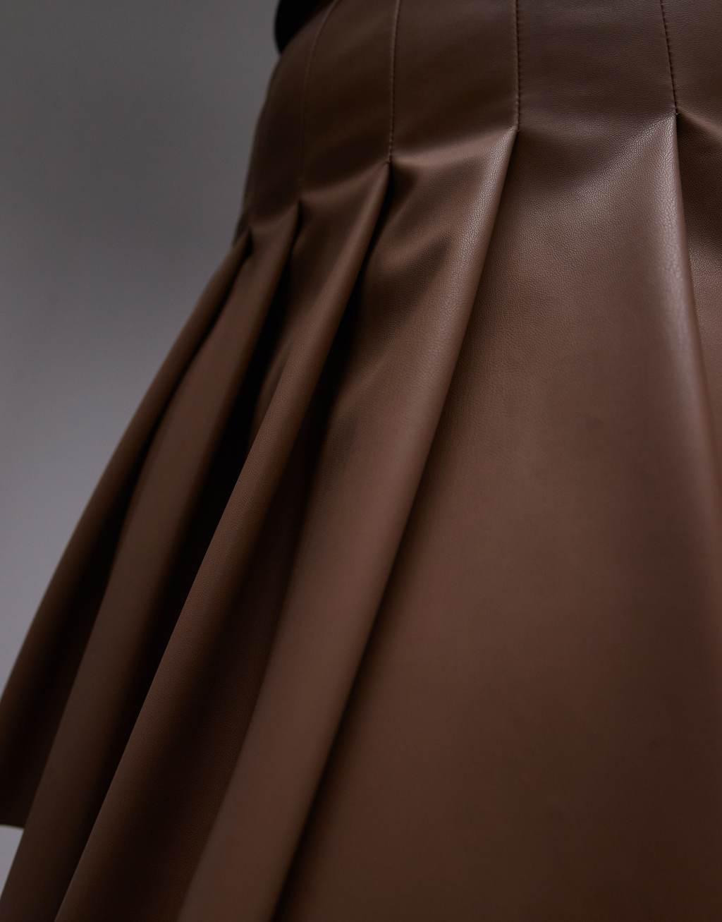 Topshop Tall faux leather clean pleat mini skirt in coffee Product Image