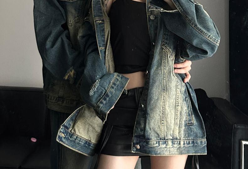 Couple Matching Washed Distressed Denim Single-Breasted Jacket Product Image