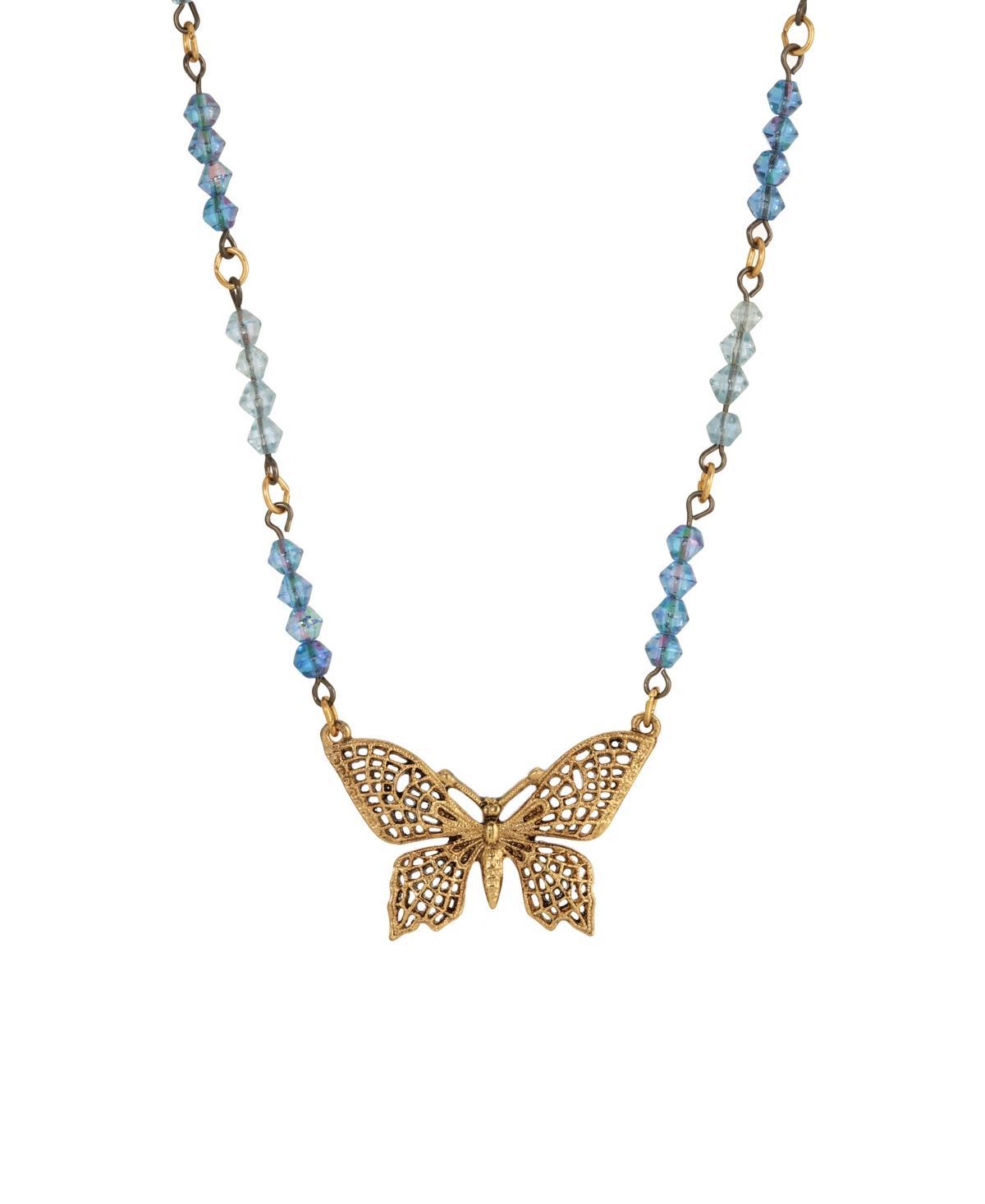 1928 Gold Tone Blue Butterfly Necklace, Womens Product Image