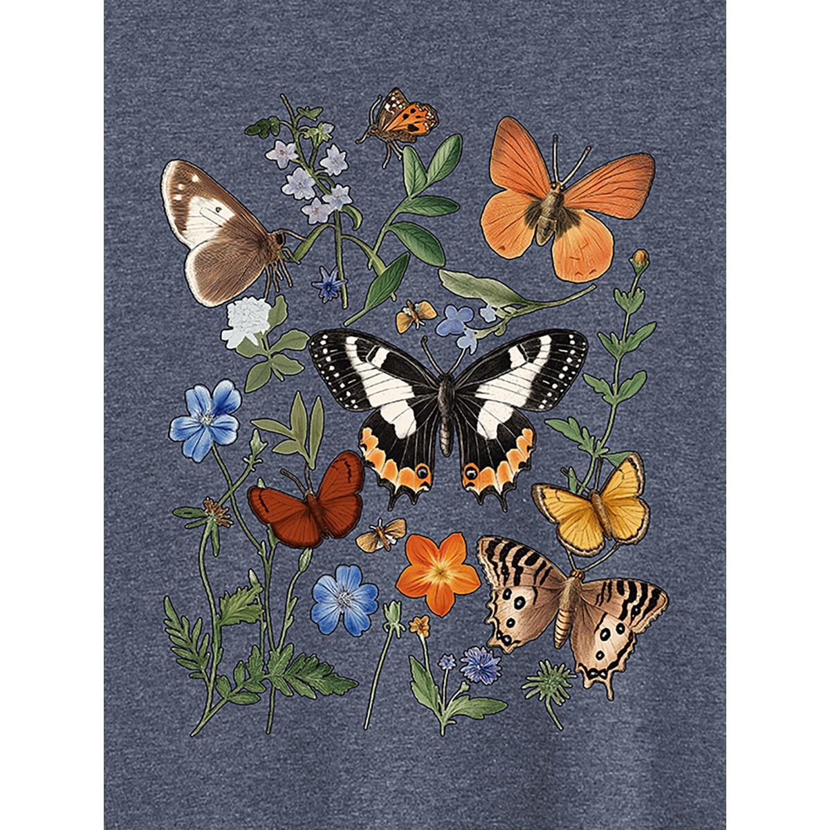 Plus Size Boho Floral Motif Round Neck T-Shirt Indigo Women Leisure Non Natural Flowers Round Neck Casual T-shirts BloomChic 28/5X Product Image