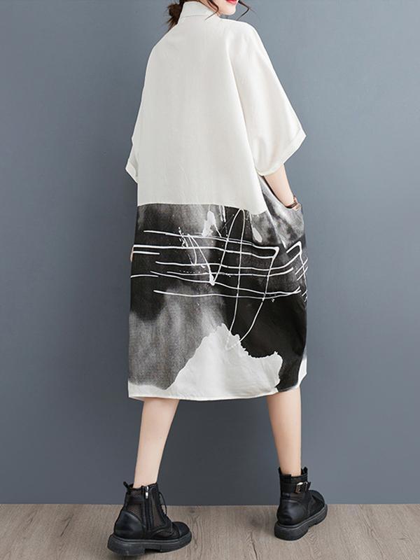 Half Sleeves Loose Printed Lapel Midi Dresses Product Image