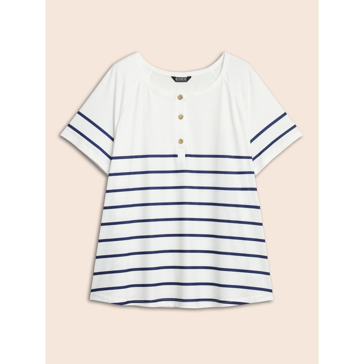 Plus Size Striped Print Raglan Sleeve Button Up T-shirt White Women Casual Contrast Striped Round Neck Everyday T-shirts BloomChic 30/6X Product Image