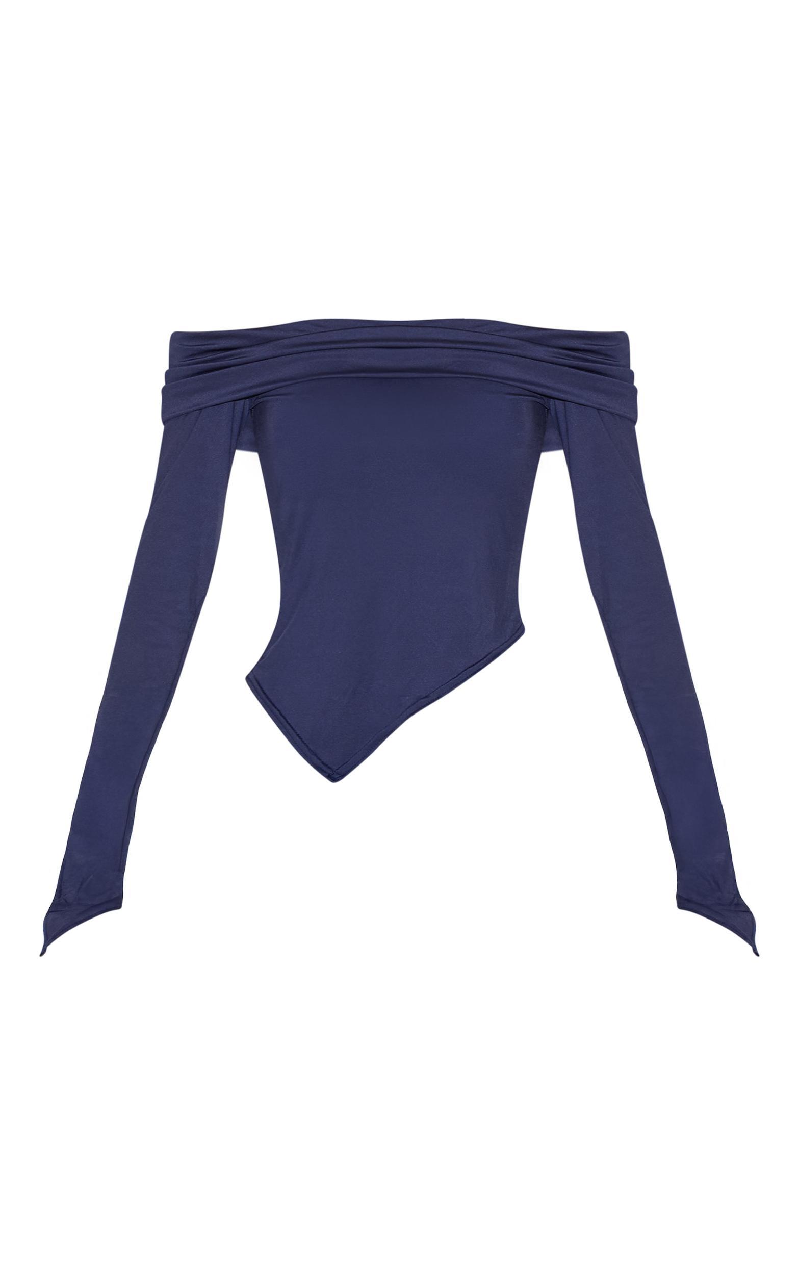 Navy Slinky Bardot Asymmetric Long Top Product Image