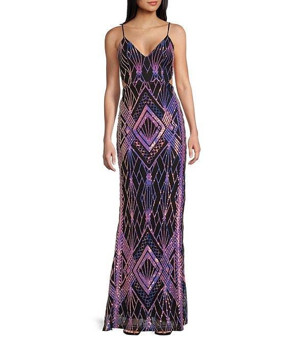 Honey and Rosie Patterned Sequin V-Neck Spaghetti Strap Tie Back Fitted Mermaid Gown Product Image