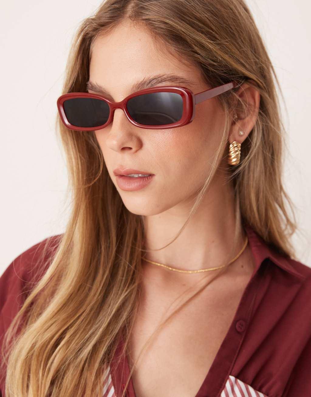 ASOS DESIGN narrow beveled square sunglasses in shiny red Product Image