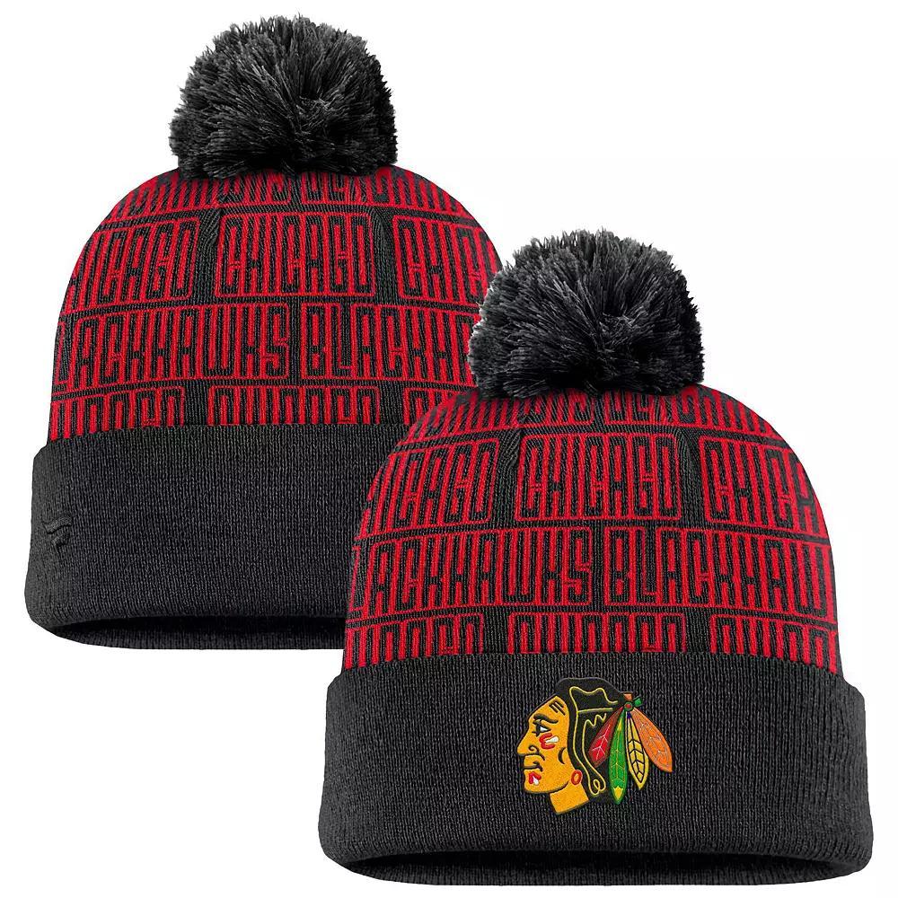 Men's Fanatics Black Chicago Blackhawks Fundamental Empty Net Cuffed Knit Hat with Pom Product Image