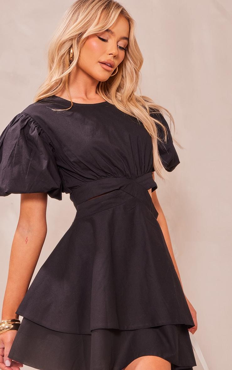 Black Puff Sleeve Cut Out Shift Dress Product Image