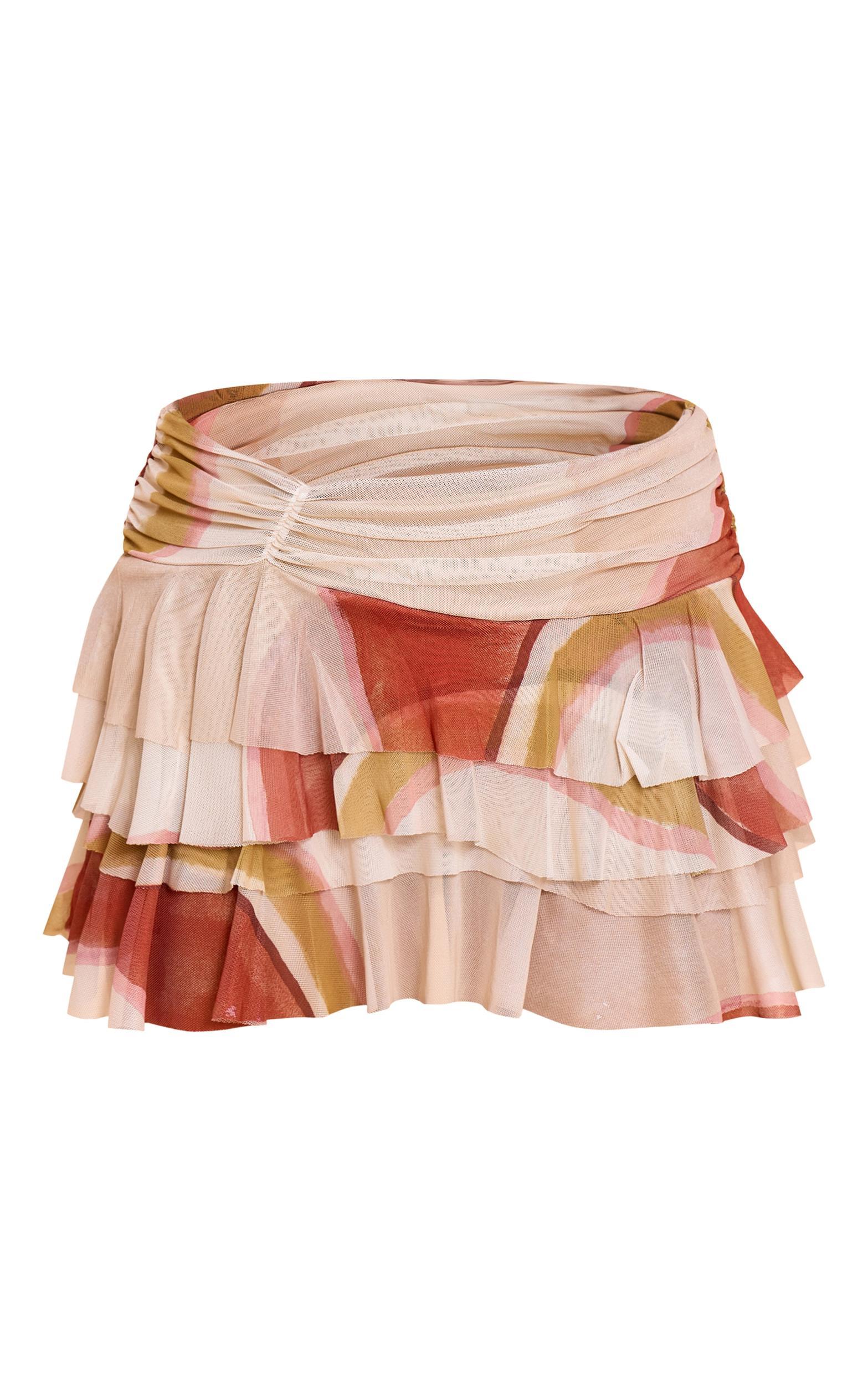 Beige Printed Mesh Frilly Low Waist Mini Skirt Product Image