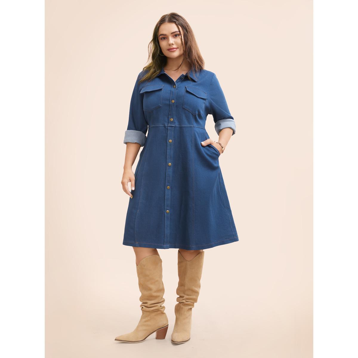 Plus Size Stretch Denim Chest Flaps Waist Defining Midi Dress Denimindigo Women Button Casual Side seam pocket Leisure Denim Dresses BloomChic 28/5X Product Image