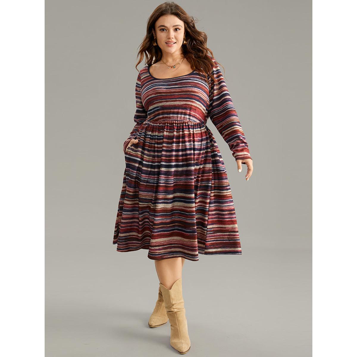 Plus Size Colour Striped Heather Elastic Waist Scoop Neck Dress Multicolor Women Casual Printed Scoop Neck Long Sleeve Curvy Midi Dress BloomChic 12/L Product Image