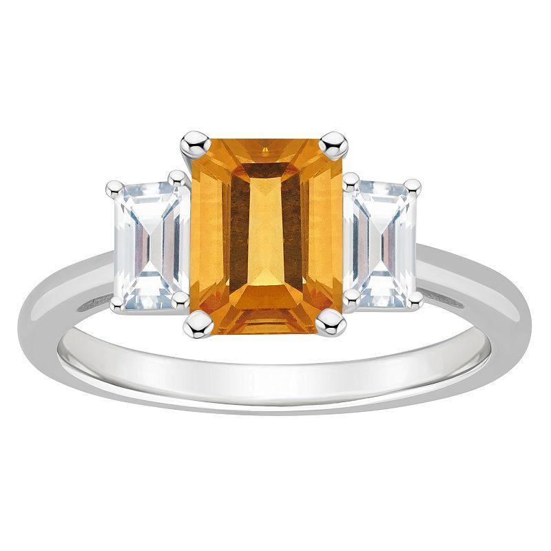 Alyson Layne Sterling Silver 8 mm x 6 mm Emerald Cut Gemstone & White Topaz Three-Stone Ring, Women's, Size: 10, Citrine Product Image