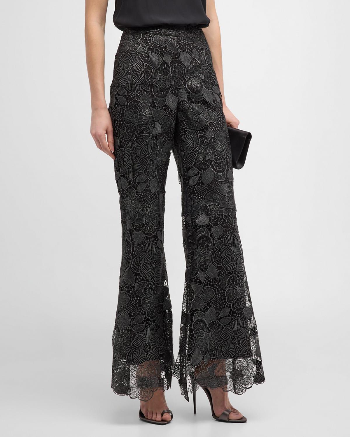 Flare-Leg Metallic Floral Lace Pants Product Image