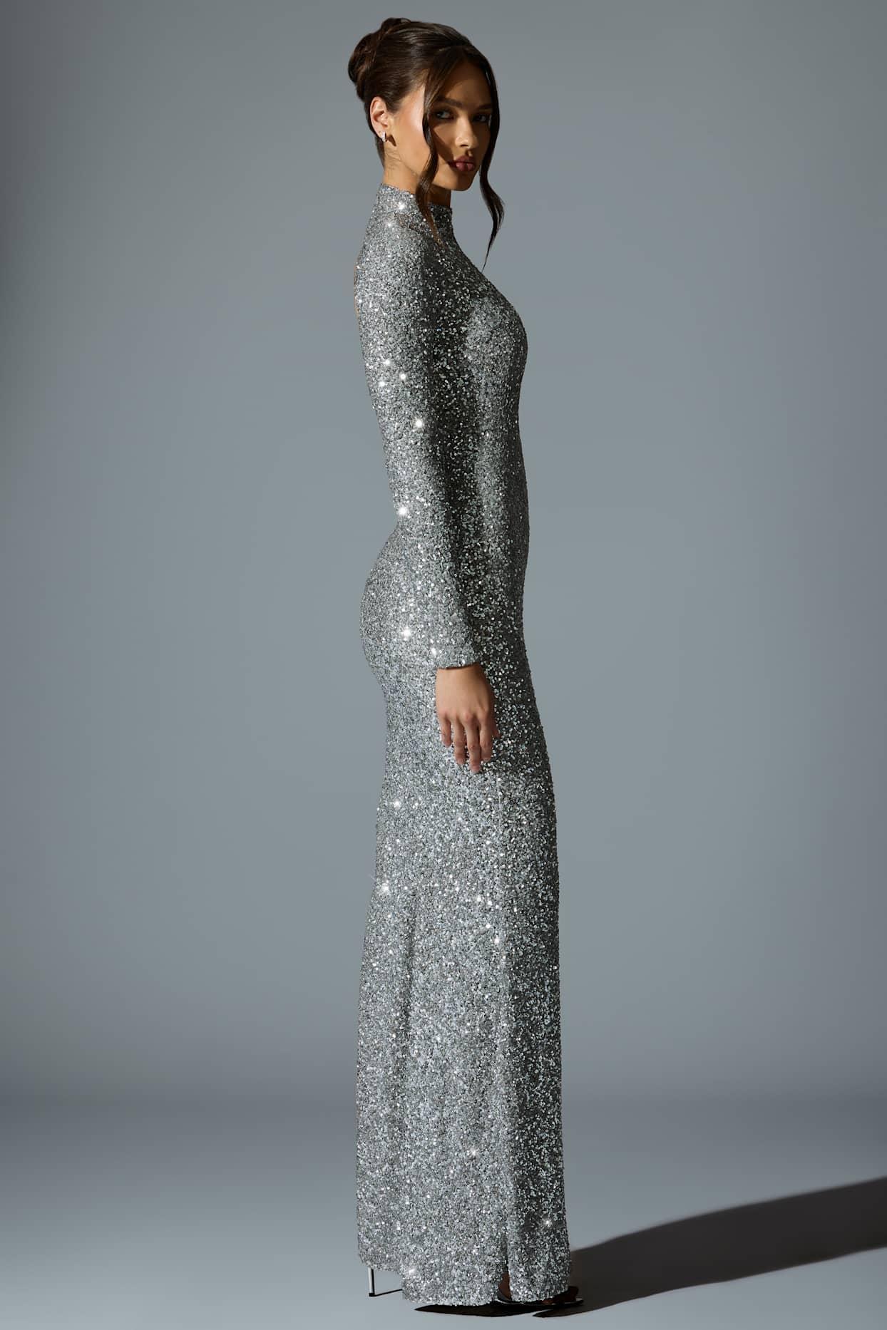 Embellished Open-Back Gown in Silver Product Image