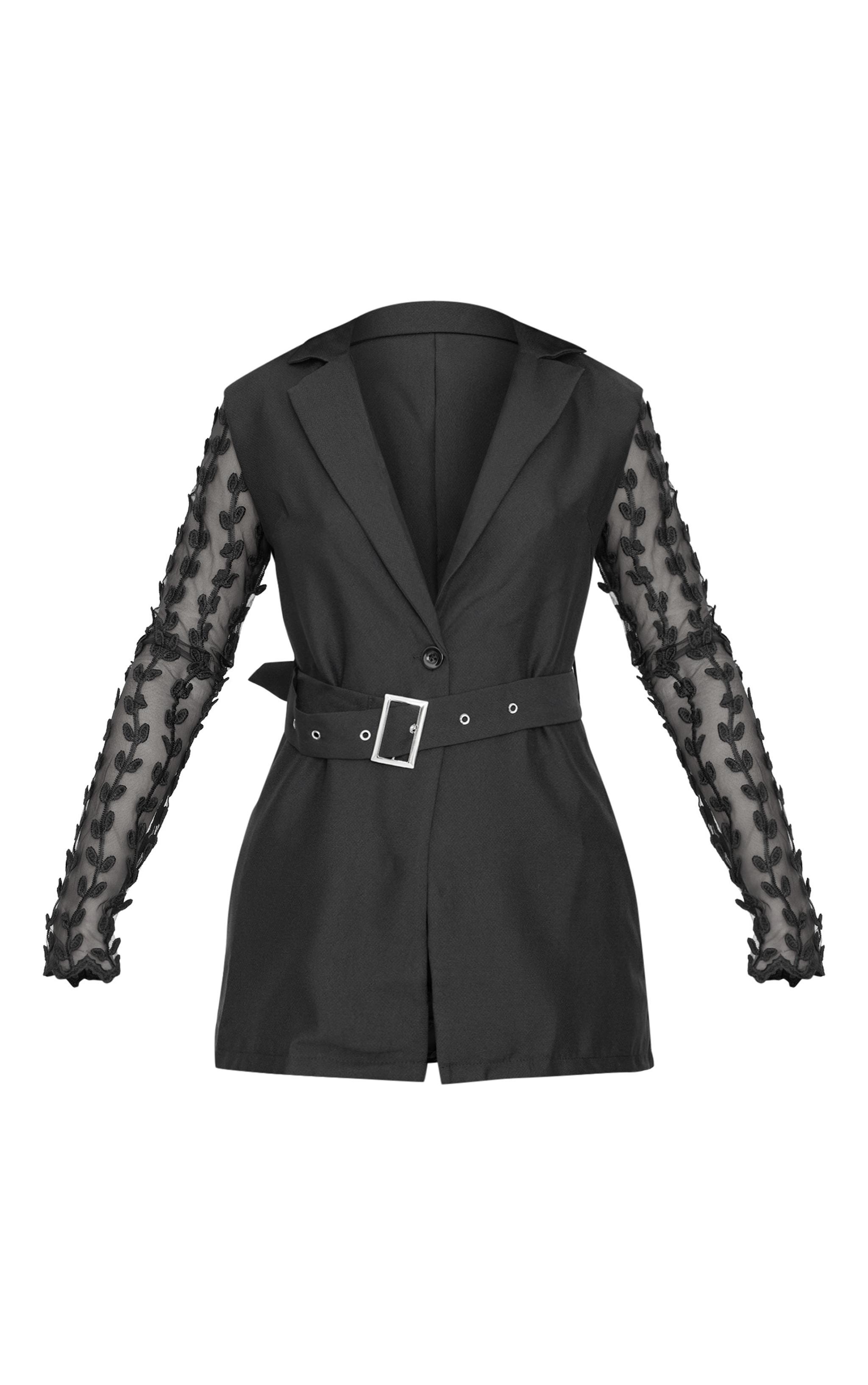 Black Woven Lace Sleeve Belt Blazer Product Image