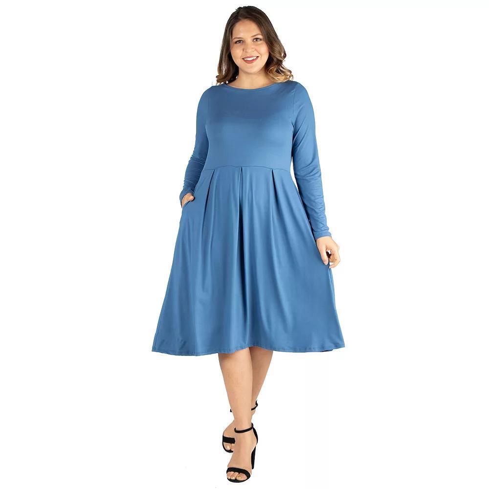 Plus Size 24seven Comfort Apparel Long Sleeve Fit and Flare Midi Dress, Women's, Size: 2XL, Light Blue Product Image