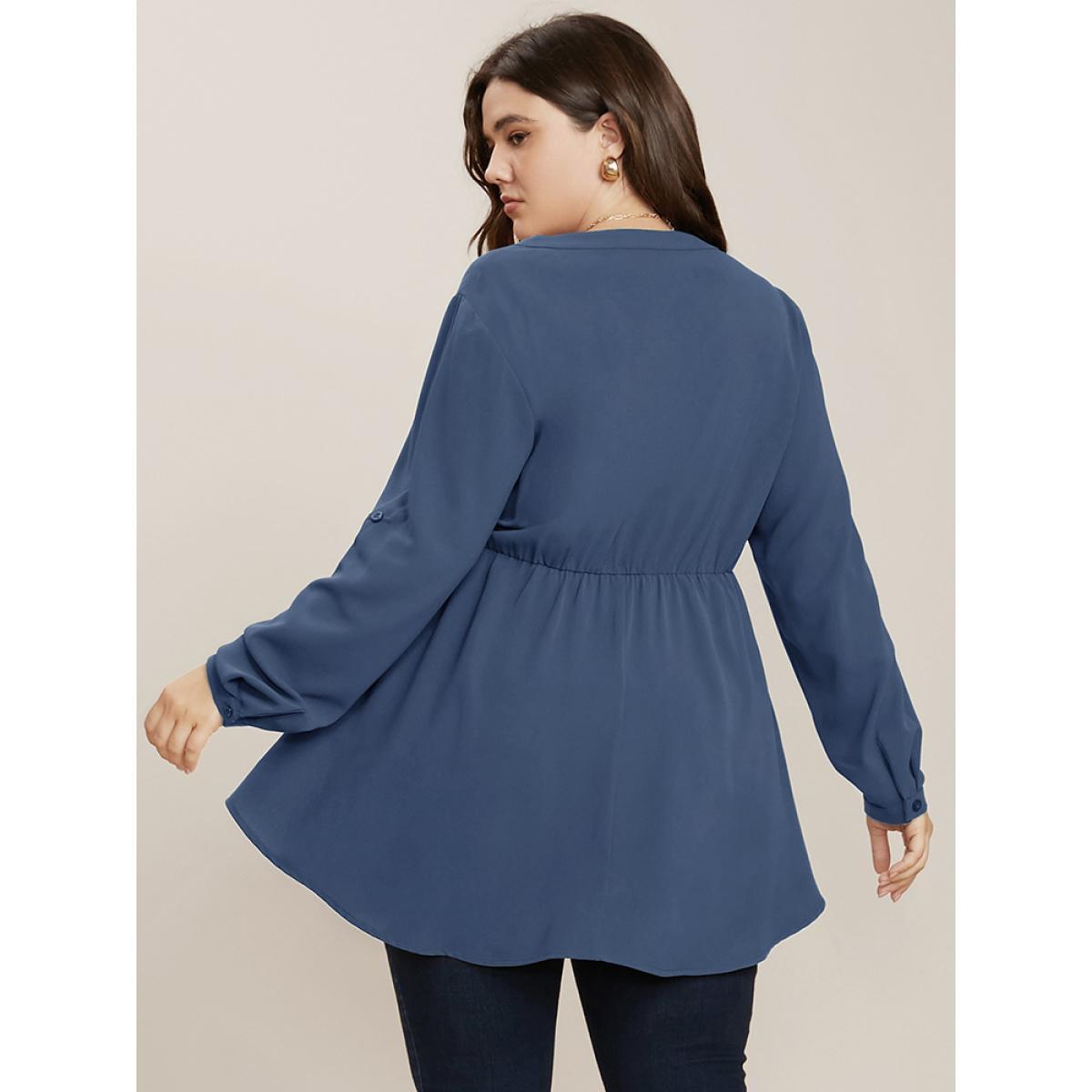 Plus Size Stone Plain Knotted Cuffed Sleeve Ruffles Asymmetrical Hem Blouse Women Office Elbow-length sleeve Shirt collar Work Blouses BloomChic 10/M Product Image