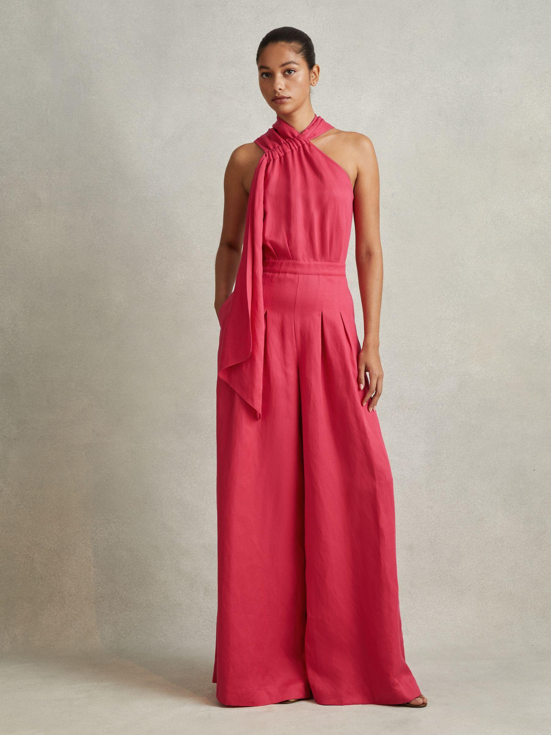 Linen Blend Drape Jumpsuit in Coral Product Image