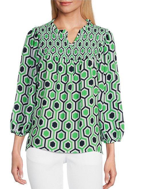 Multiples Woven Printed Ruffled Split V-Neck 3/4 Puff Sleeve Shirred Front Top Product Image