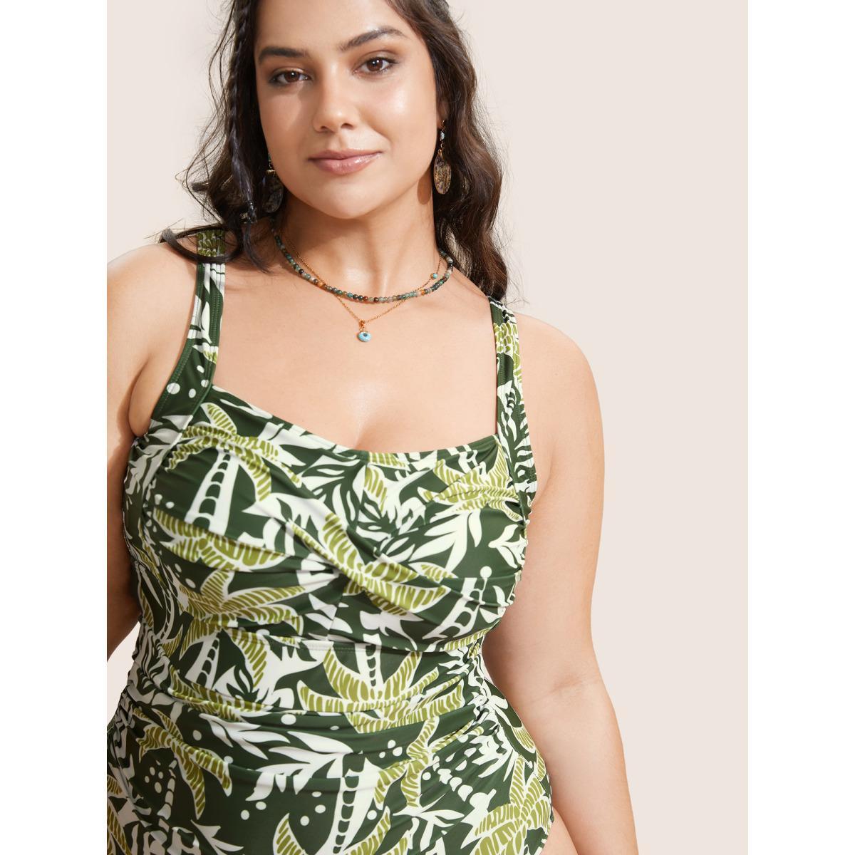 Plus Size Heart Neckline Tropical Print Crossover One Piece Swimsuit Women's Swimwear ArmyGreen Beach Twist Curve Bathing Suits High stretch One Pieces BloomChic 30/6X Product Image