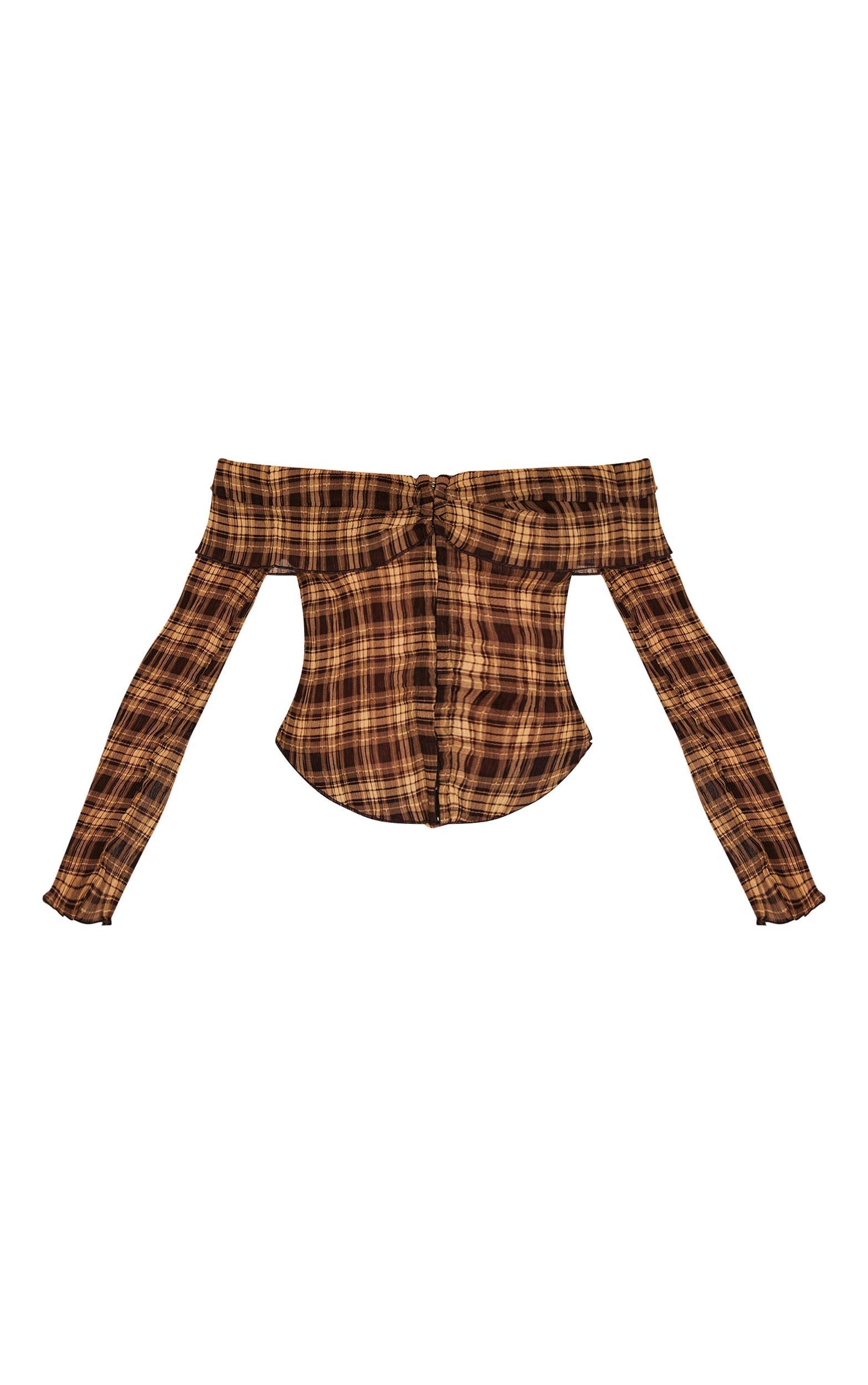Brown Plisse Chiffon Check Bardot Blouse Product Image