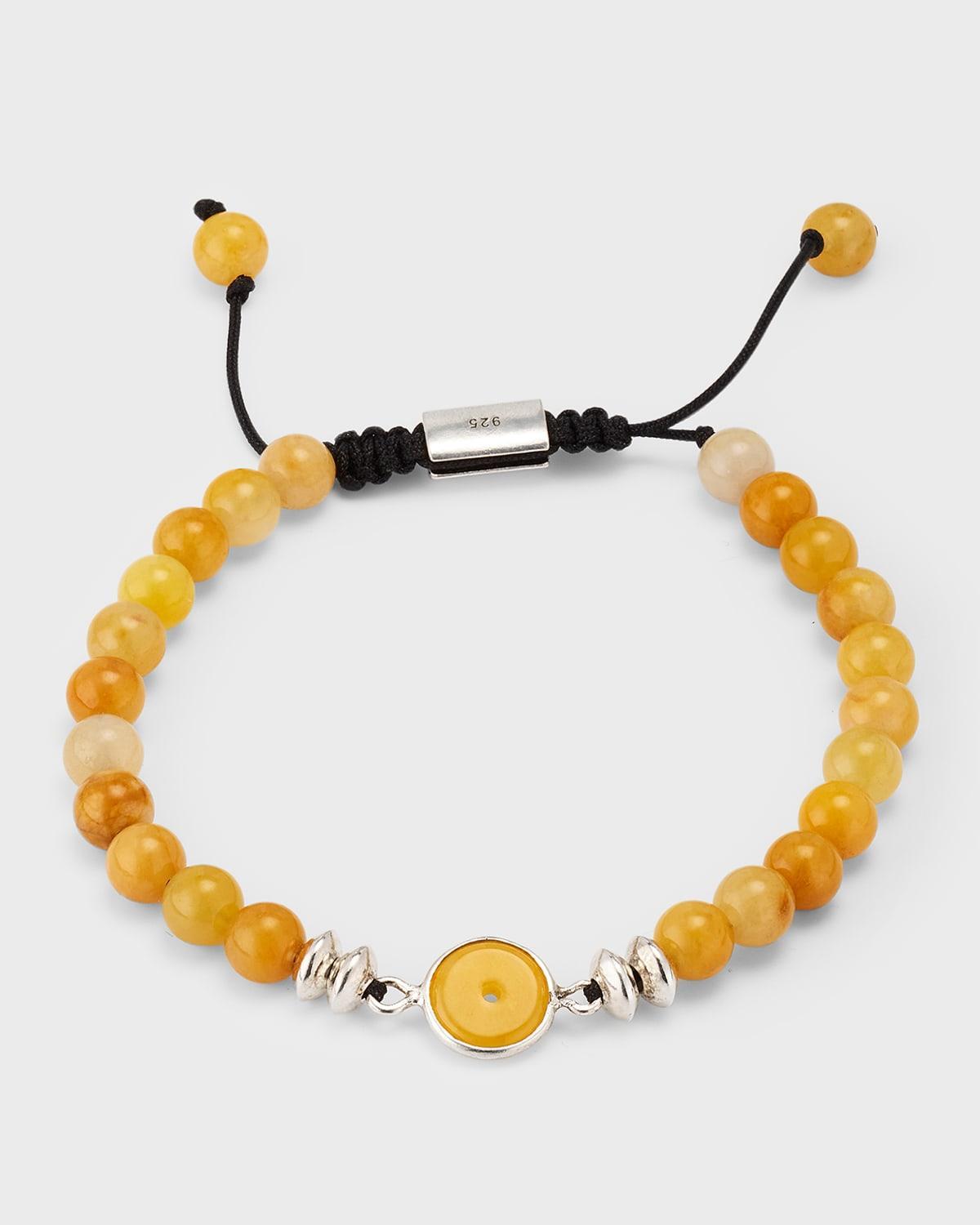 Mens Yellow Jade Beaded Bracelet with Sterling Silver Product Image