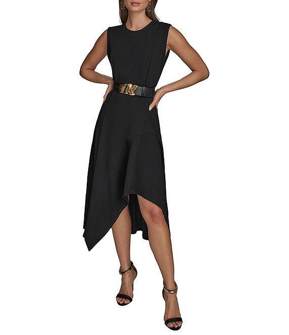 Donna Karan Crepe Crew Neck Sleeveless Belted Asymmetrical Hemline Midi Sheath Dress Product Image