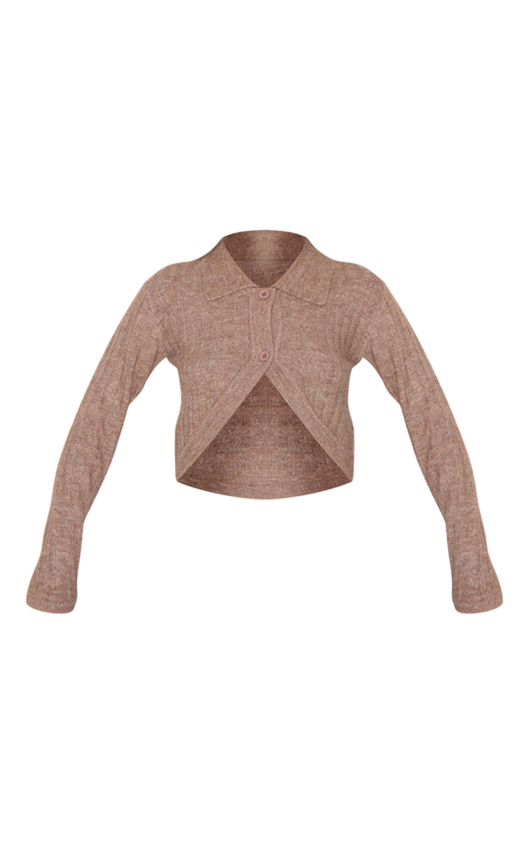 Chocolate Marl Soft Rib Knit Crop Collar Detail Top Product Image