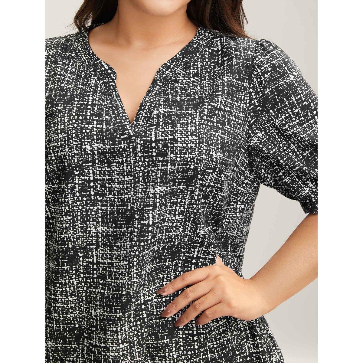 Plus Size Black Geometric Print Puff Sleeve Blouse Women Elegant Short sleeve Flat collar with V-notch Everyday Blouses BloomChic 26/4X Product Image