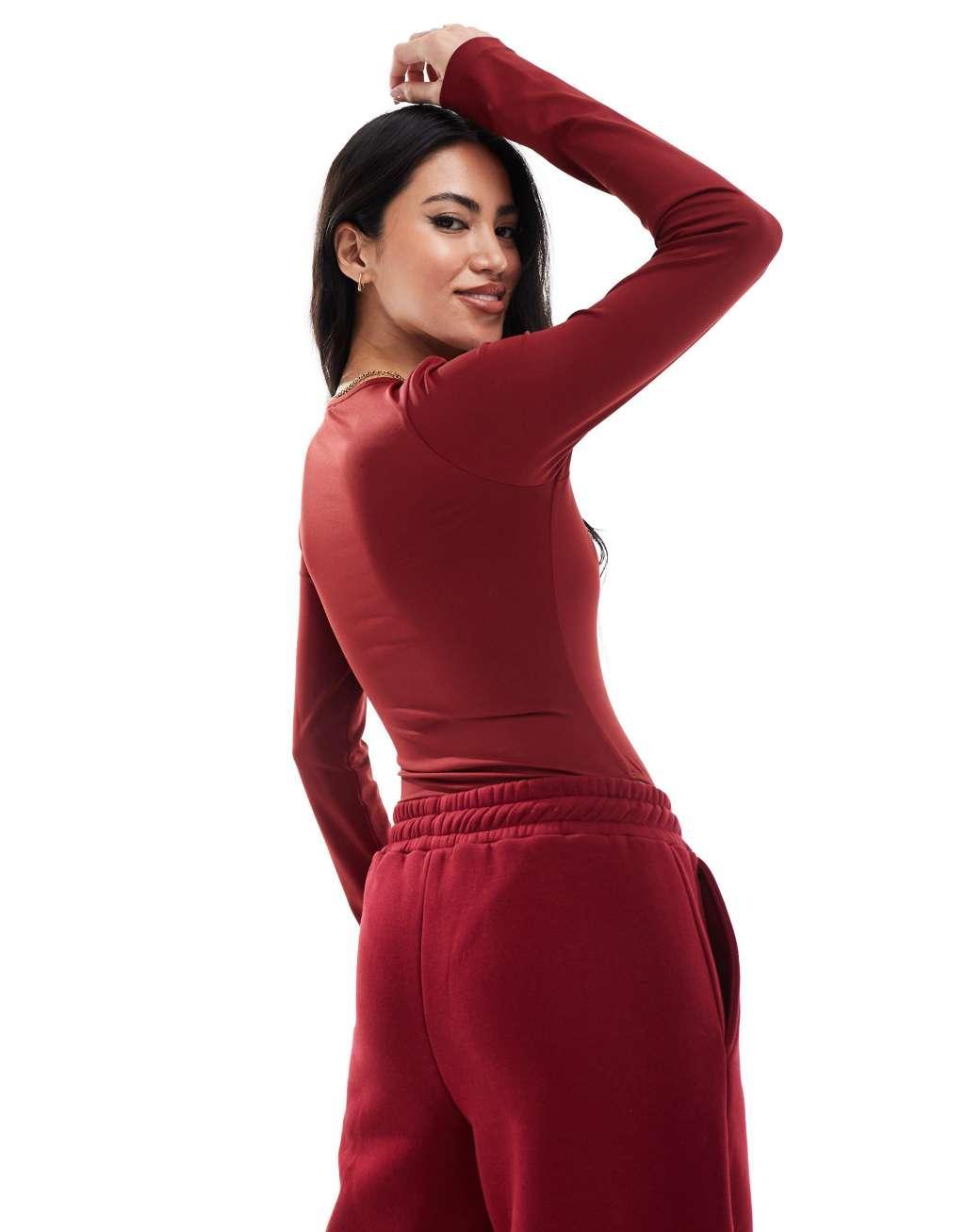 Miss Selfridge crew neck soft touch lounge bodysuit in burgundy - part of a set Product Image