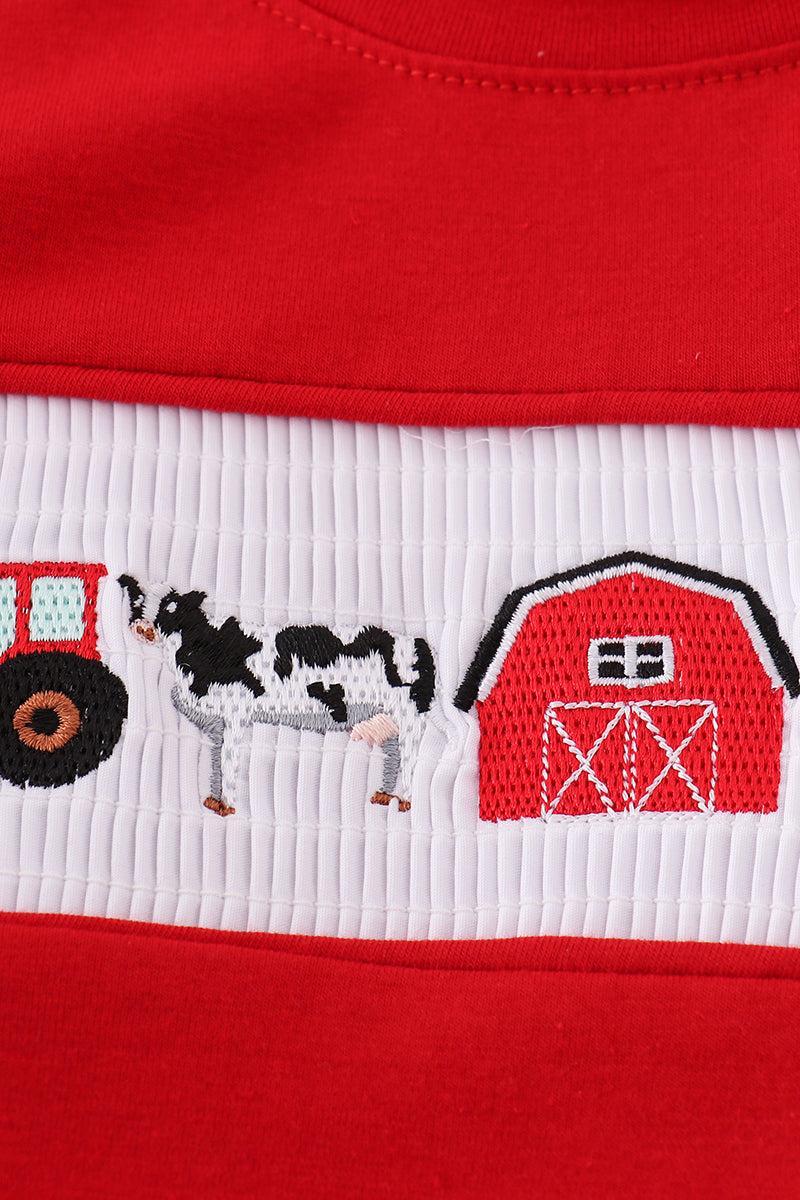 Khaki farm embroidery smocked plaid shorts set Product Image