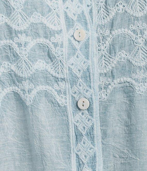 Reba Fancy Woven Point Collar Long Blouson Sleeve Scalloped Lace Button Front Top Product Image