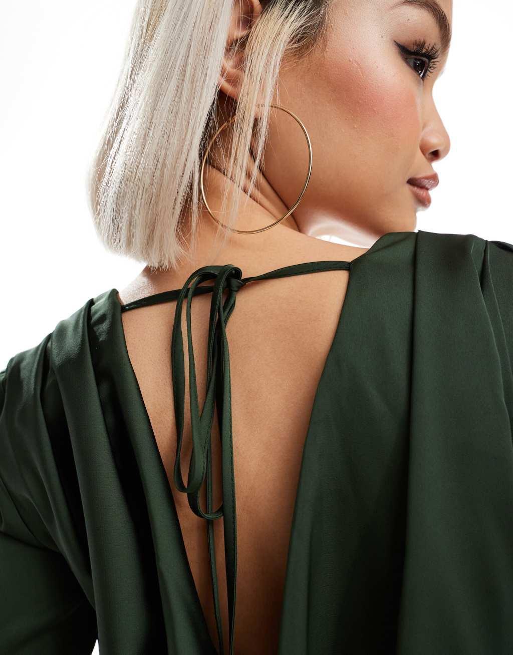 ASOS DESIGN satin cowl bodysuit in green Product Image