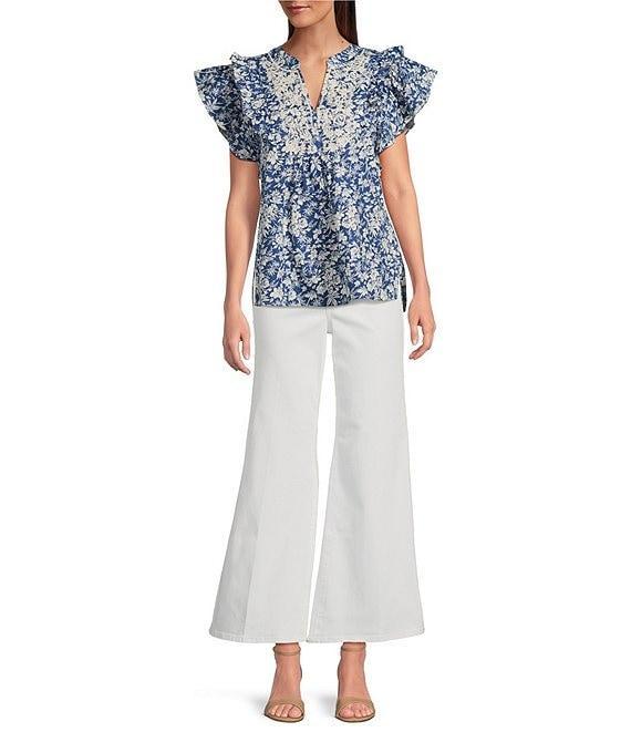 Calessa Printed Split V-Neck Ruffled Cap Sleeve Top Product Image
