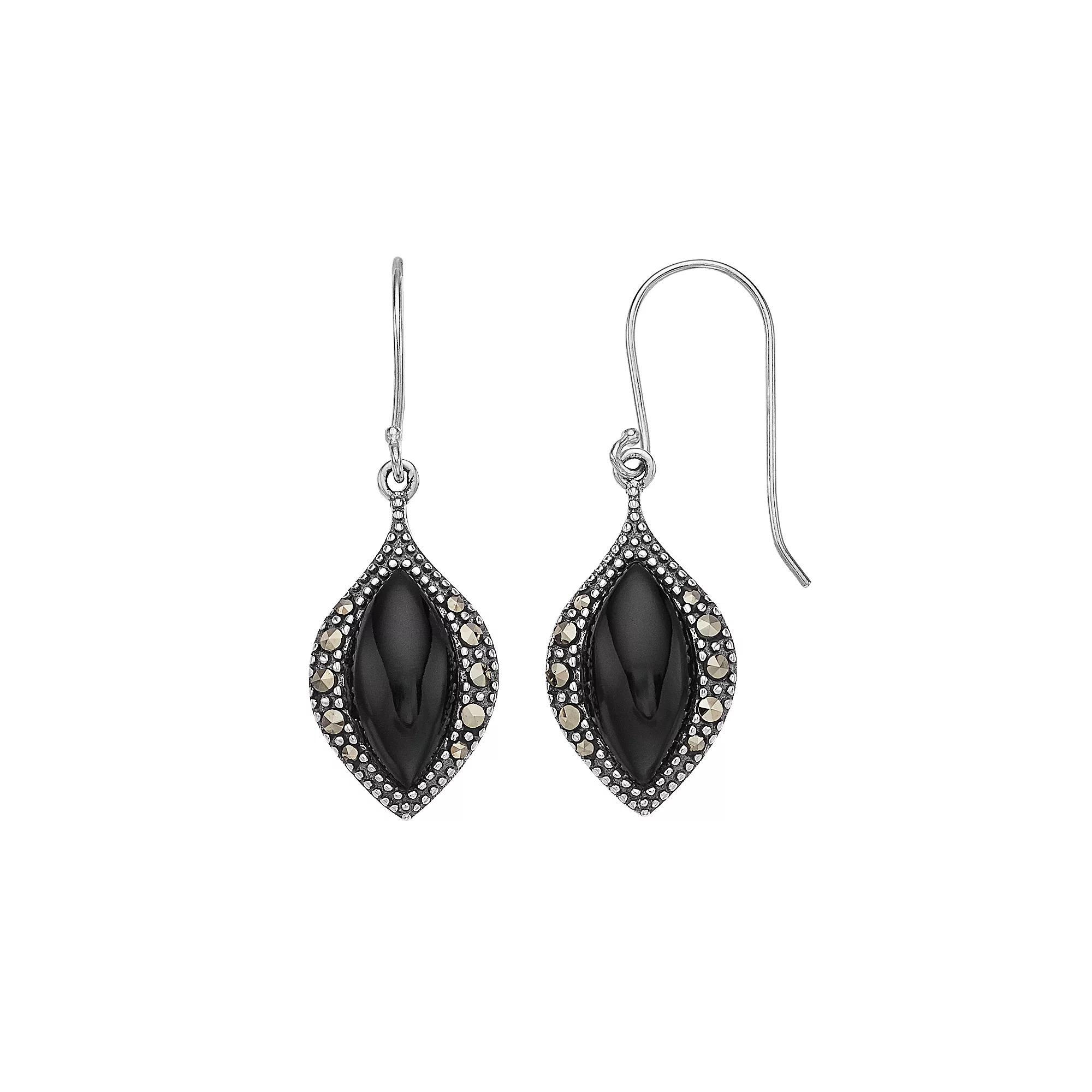 Tori Hill Sterling Silver Onyx & Marcasite Marquise Dangle Earrings, Women's Product Image