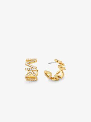 14K -Plated Brass Pavé Logo Small Hoop Earrings Product Image