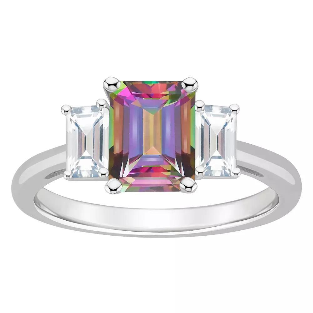 Alyson Layne Sterling Silver Emerald Cut Mystic Topaz & White Topaz Three-Stone Ring, Women's, Size: 8 Product Image