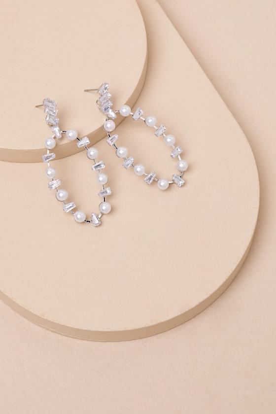 Kayleigh Silver Rhinestone Pearl Statement Earrings Product Image