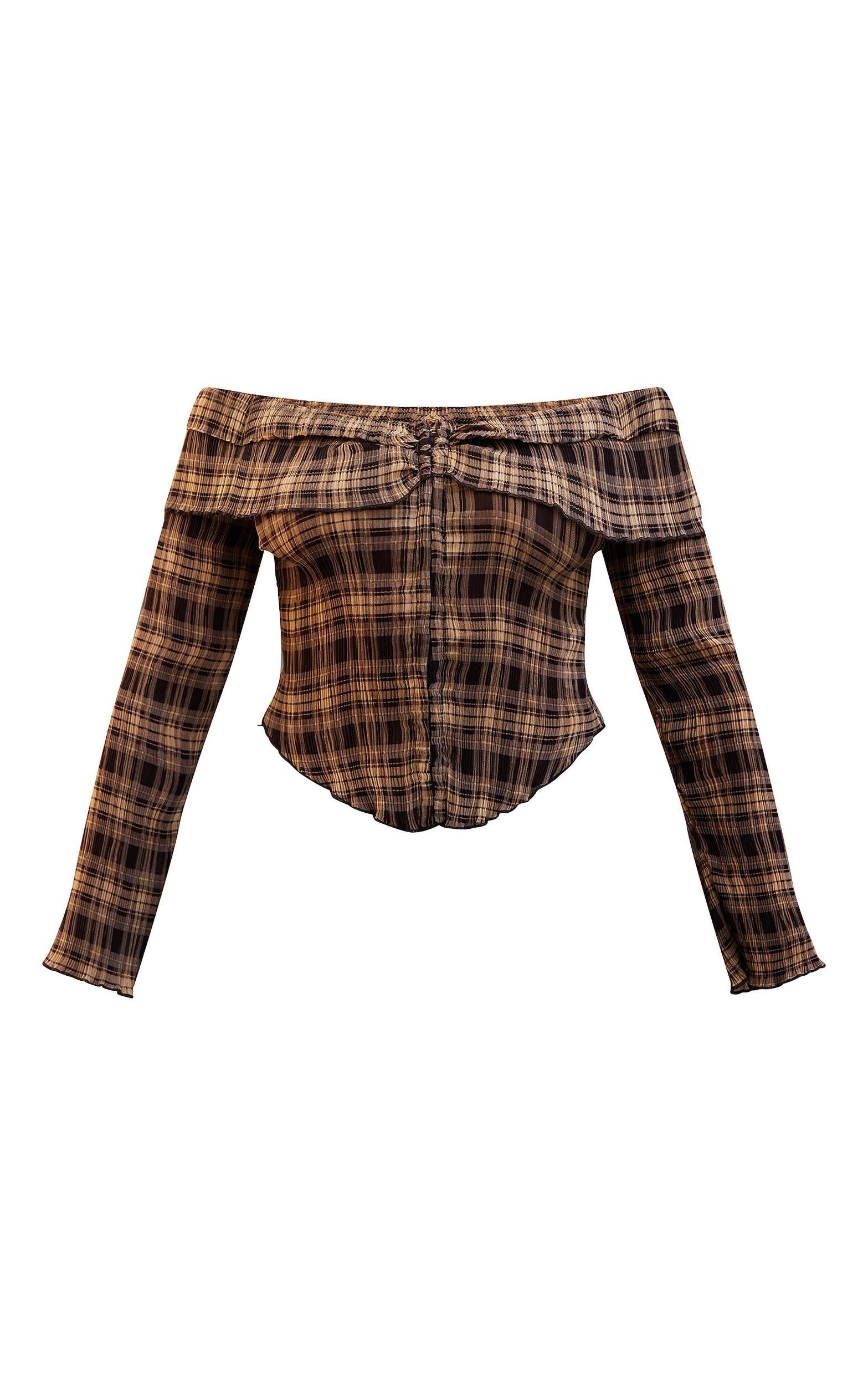 Brown Plisse Chiffon Check Bardot Blouse Product Image